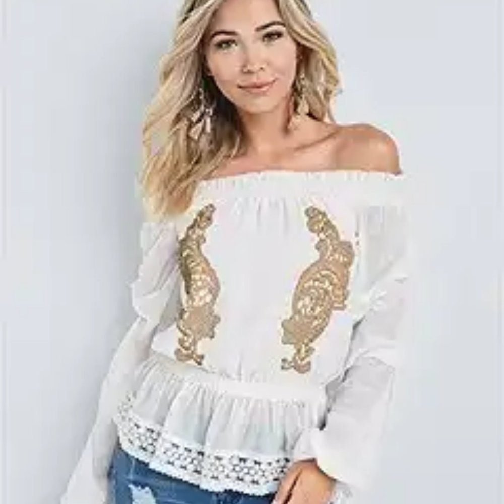 VENUS White Off-Shoulder Blouse with Gold Embroidery